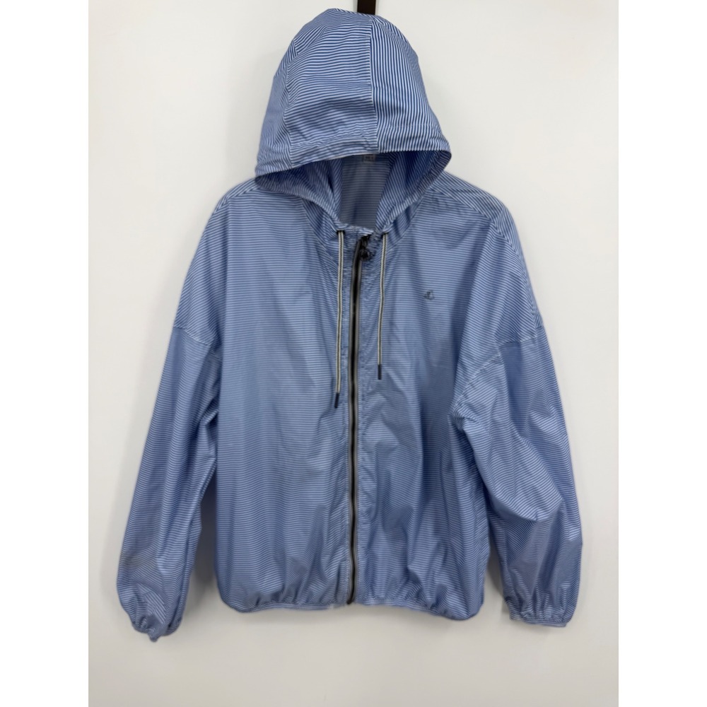 Petit Bateau Striped Windbreaker Jacket Womens S Blue White Nautical Zip Hood